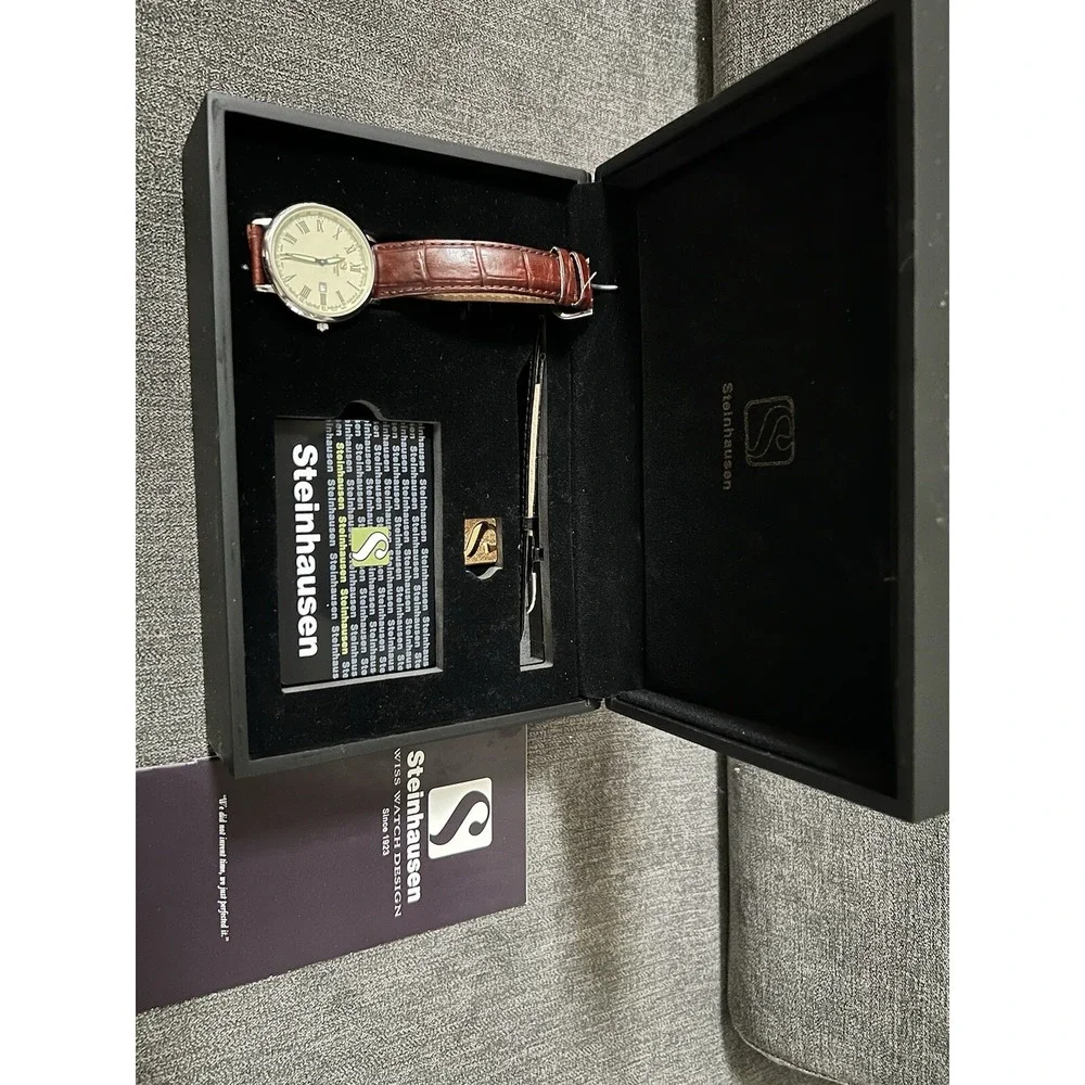 Steinhausen Swiss Movt Men's Date Dial 5 Jewels Leather Band Slim Watch Case